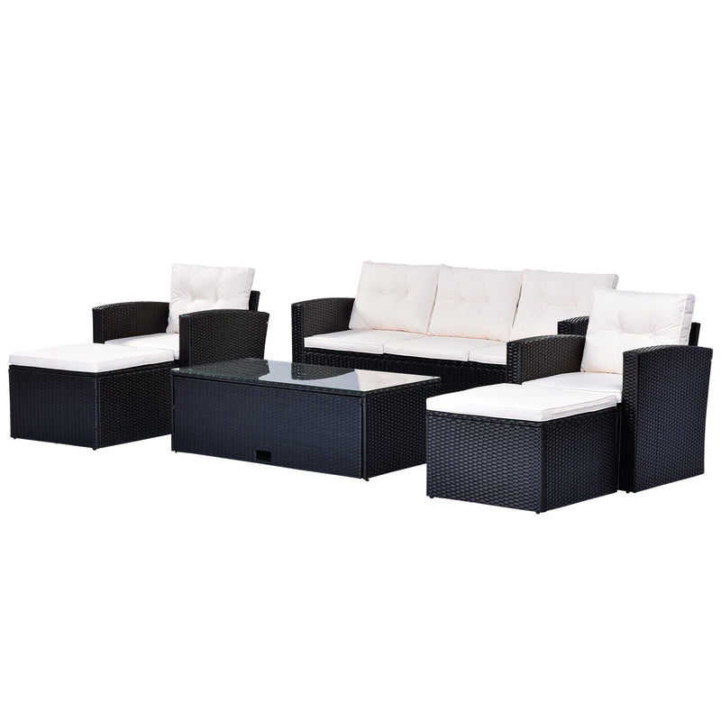 Supfirm 6-piece All-Weather Wicker PE rattan Patio Outdoor Dining Conversation Sectional Set with coffee table, wicker sofas, ottomans, removable cushions (Black wicker, Beige cushion) - Supfirm