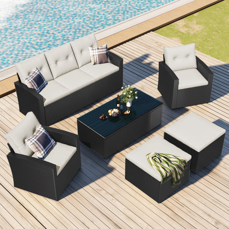 Supfirm 6-piece All-Weather Wicker PE rattan Patio Outdoor Dining Conversation Sectional Set with coffee table, wicker sofas, ottomans, removable cushions (Black wicker, Beige cushion) - Supfirm