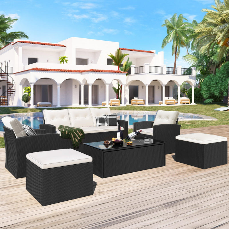 Supfirm 6-piece All-Weather Wicker PE rattan Patio Outdoor Dining Conversation Sectional Set with coffee table, wicker sofas, ottomans, removable cushions (Black wicker, Beige cushion) - Supfirm