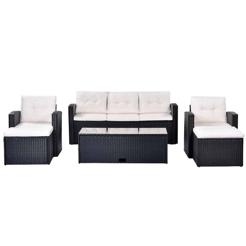 Supfirm 6-piece All-Weather Wicker PE rattan Patio Outdoor Dining Conversation Sectional Set with coffee table, wicker sofas, ottomans, removable cushions (Black wicker, Beige cushion) - Supfirm