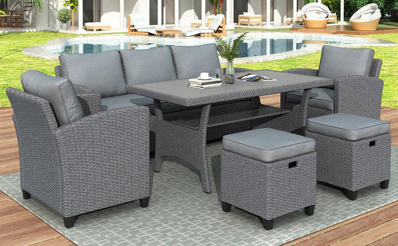 Supfirm 6-Piece Outdoor Rattan Wicker Set Patio Garden Backyard Sofa, Chair, Stools and Table(Gray Rattan+Gray Cushion) - Supfirm