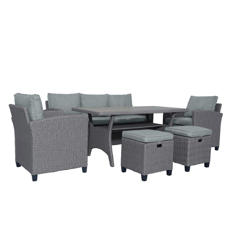 Supfirm 6-Piece Outdoor Rattan Wicker Set Patio Garden Backyard Sofa, Chair, Stools and Table(Gray Rattan+Gray Cushion) - Supfirm