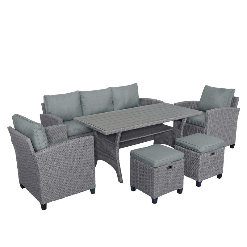 Supfirm 6-Piece Outdoor Rattan Wicker Set Patio Garden Backyard Sofa, Chair, Stools and Table(Gray Rattan+Gray Cushion) - Supfirm