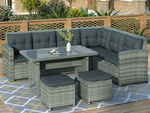 Supfirm 6-Piece Patio Furniture Set Outdoor Sectional Sofa with Glass Table, Ottomans for Pool, Backyard, Lawn (Gray) - Supfirm