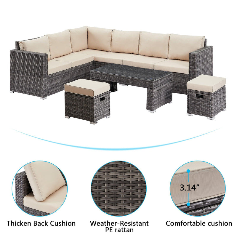 Supfirm 6 Pieces Patio Furniture Set Outdoor Sectional Sofa Conversation Set All Weather Wicker Rattan Couch coffee Table & Chair with Ottoman, Khaki - Supfirm