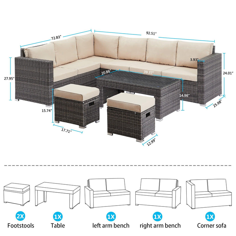 Supfirm 6 Pieces Patio Furniture Set Outdoor Sectional Sofa Conversation Set All Weather Wicker Rattan Couch coffee Table & Chair with Ottoman, Khaki - Supfirm