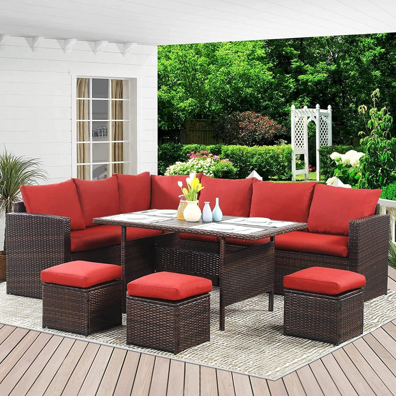 7-Pieces PE Rattan Wicker Patio Dining Sectional Cusions Outdoor Sofa Set with Red cushions - Supfirm