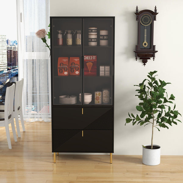 74-inch Black Light Luxury Wine Cubbies Cabinet with Two Drawers and One Door - Supfirm