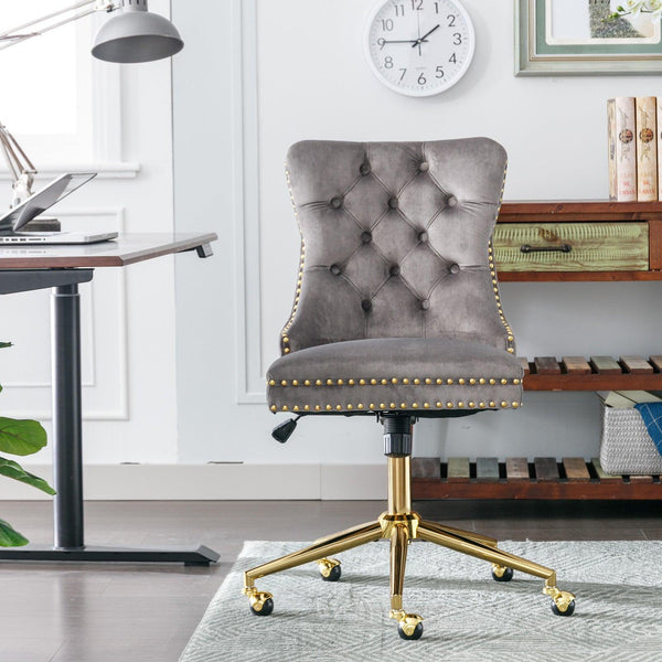 A&A Furniture Office Chair,Velvet Upholstered Tufted Button Home Office Chair with Golden Metal Base,Adjustable Desk Chair Swivel Office Chair (Gray) - Supfirm