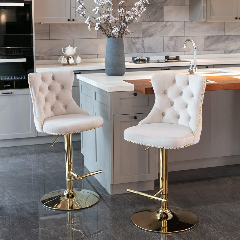 A&A Furniture,Golden Swivel Velvet Barstools Adjusatble Seat Height from 25-33 Inch, Modern Upholstered Bar Stools with Backs Comfortable Tufted for Home Pub and Kitchen Island（Beige,Set of 2） - Supfirm