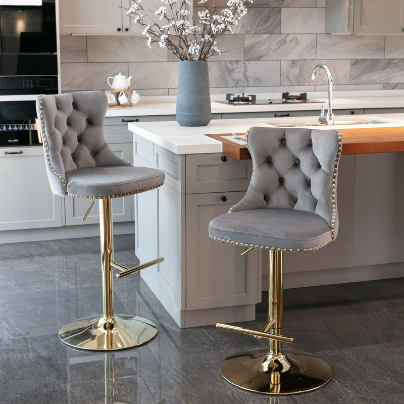 A&A Furniture,Golden Swivel Velvet Barstools Adjusatble Seat Height from 25-33 Inch, Modern Upholstered Bar Stools with Backs Comfortable Tufted for Home Pub and Kitchen Island（Gray,Set of 2） - Supfirm