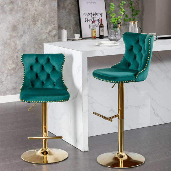 A&A Furniture,Golden Swivel Velvet Barstools Adjusatble Seat Height from 25-33 Inch, Modern Upholstered Bar Stools with Backs Comfortable Tufted for Home Pub and Kitchen Island（Green,Set of 2） - Supfirm