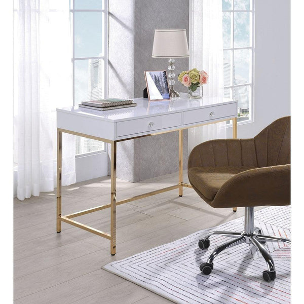 ACME Ottey Desk in White High Gloss & Gold 92540 - Supfirm