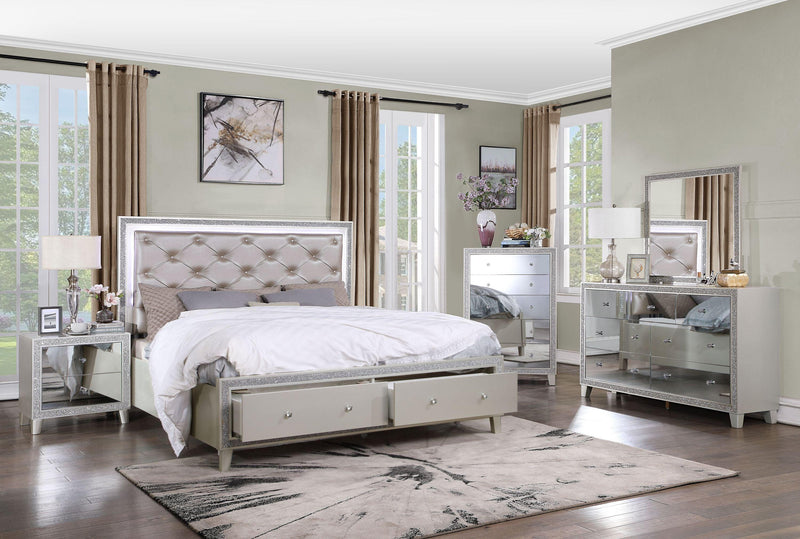 ACME Sliverfluff Eastern King Bed w/LED & Storage, Synthetic Leather & Champagne Finish BD00241EK - Supfirm