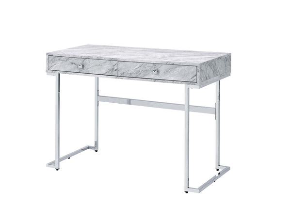 ACME Tigress Writing Desk, White Printed Faux Marble & Chrome Finish 92615 - Supfirm