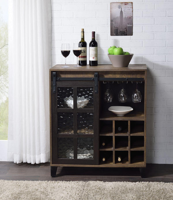 ACME Treju Wine Cubbies Cabinet, Obscure Glass, Rustic Oak & Black Finish 97836 - Supfirm