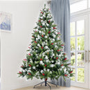 Artificial Christmas Tree Flocked Pine Needle Tree with Cones Red Berries 7.5 ft Foldable Stand - Supfirm