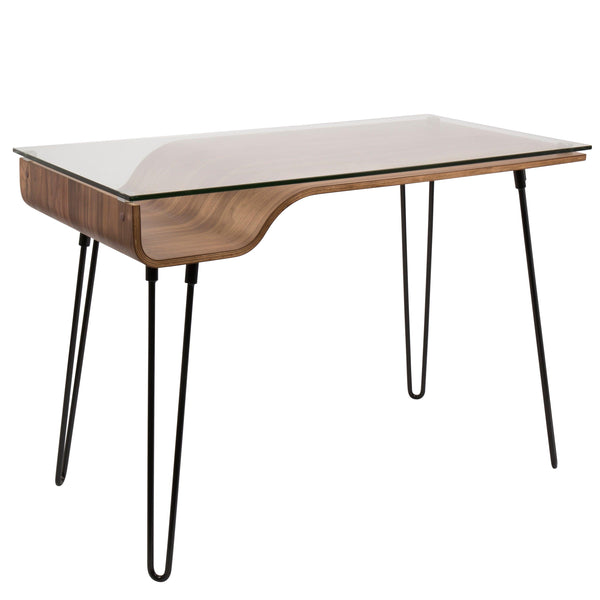 Avery Mid-Century Modern Desk in Walnut Wood, Clear Glass, and Black Metal by LumiSource - Supfirm