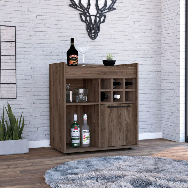 Bar Cabinet Dext, Two Concealed Shelves, Six Wine Cubbies, Dark Walnut Finish - Supfirm