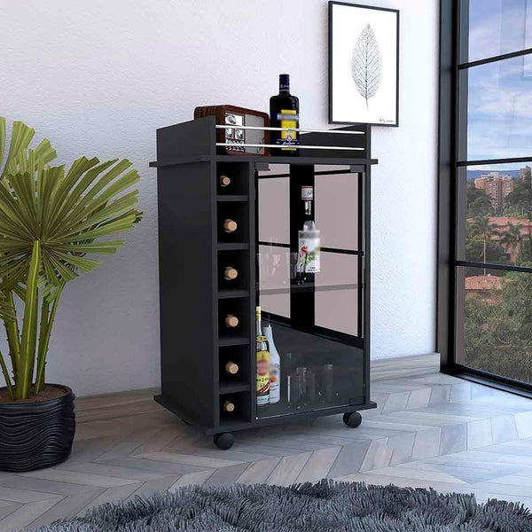 Bar Cart Baltimore, Two Tier Cabinet With Glass Door, Six Wine Cubbies, Black Wengue Finish - Supfirm