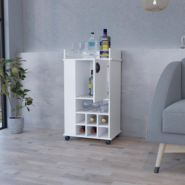 Bar Cart with Casters Reese, Six Wine Cubbies and Single Door, White Finish - Supfirm