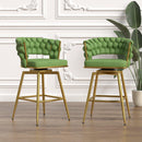 Bar Chair Linen Woven Bar Stool Set of 2,Golden legs Barstools No Adjustable Kitchen Island Chairs,360 Swivel Bar Stools Upholstered Bar Chair Counter Stool Arm Chairs with Back Footrest, (Green) - Supfirm