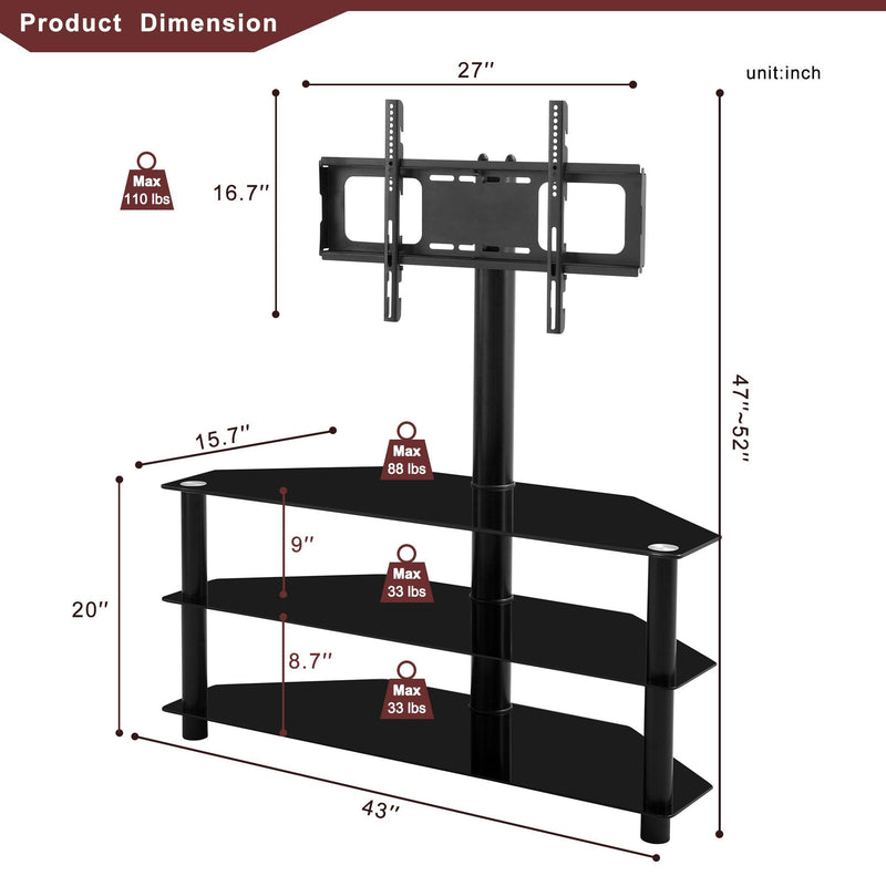 Supfirm Black Multi-function TV Stand Height Adjustable Bracket Swivel 3-Tier - Supfirm