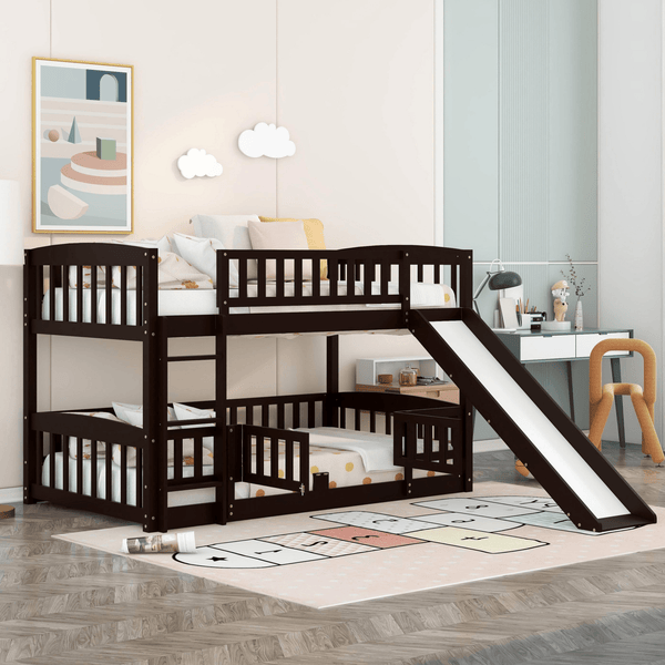 Bunk Bed with Slide,Twin Over Twin Low Bunk Bed with Fence and Ladder for Toddler Kids Teens Espresso - Supfirm