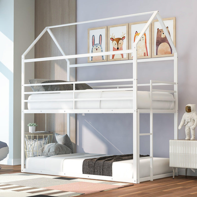 Bunk Beds for Kids Twin over Twin,House Bunk Bed Metal Bed Frame Built-in Ladder,No Box Spring Needed White - Supfirm