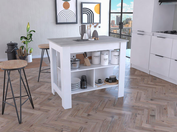 Cala Kitchen Island, Four Legs, Three Shelves -White / Ibiza Marble - Supfirm