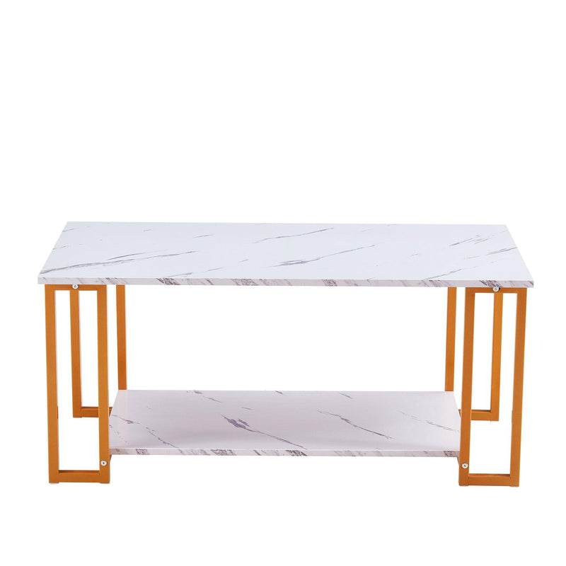 Supfirm Coffee Table, 2 Layers 1.5cm Thick Marble MDF Rectangle 39.37" L Tabletop Iron Coffee Table , Dining Room, Coffee Shop, Resterant, White Top, Gold Leg - Supfirm