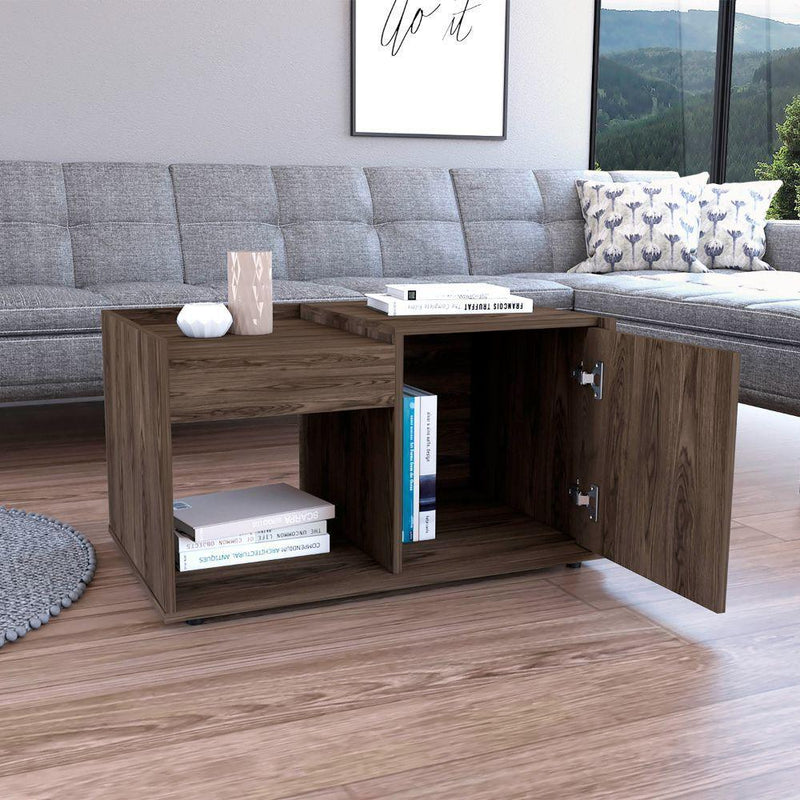 Coffee Table Dext, Single Door Cabinet, One Open Shelf, Dark Walnut Finish - Supfirm