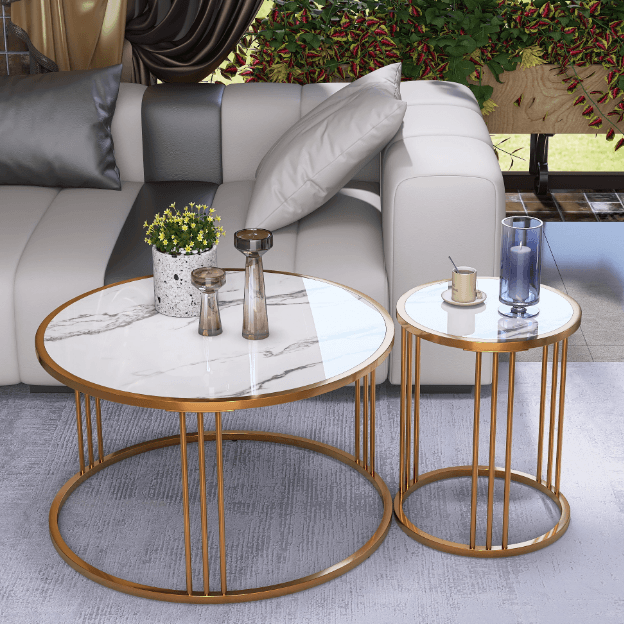 Coffee Table Set of 2, Round Slate Coffee Table with Steel Frame For Living Room - Supfirm