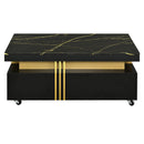 Supfirm Contemporary Coffee Table with Faux Marble Top, Rectangle Cocktail Table with Caster Wheels, Moderate Luxury Center Table with Gold Metal Bars for Living Room, Black - Supfirm