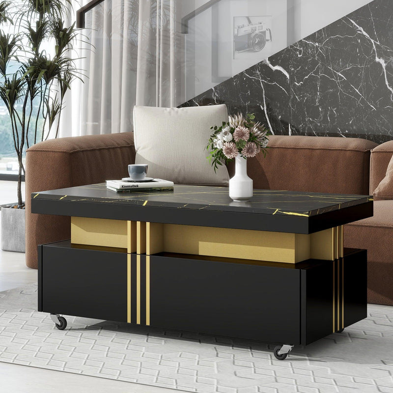 Supfirm Contemporary Coffee Table with Faux Marble Top, Rectangle Cocktail Table with Caster Wheels, Moderate Luxury Center Table with Gold Metal Bars for Living Room, Black - Supfirm