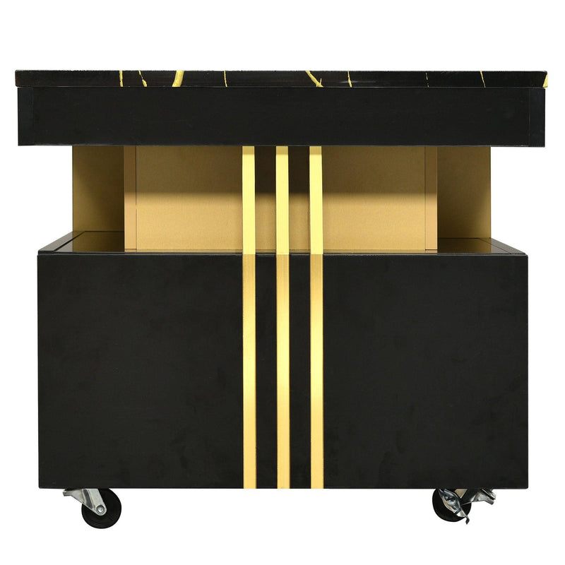 Supfirm Contemporary Coffee Table with Faux Marble Top, Rectangle Cocktail Table with Caster Wheels, Moderate Luxury Center Table with Gold Metal Bars for Living Room, Black - Supfirm