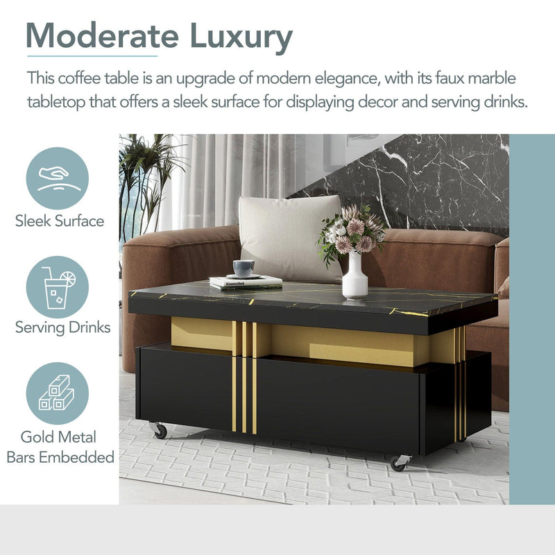 Supfirm Contemporary Coffee Table with Faux Marble Top, Rectangle Cocktail Table with Caster Wheels, Moderate Luxury Center Table with Gold Metal Bars for Living Room, Black - Supfirm