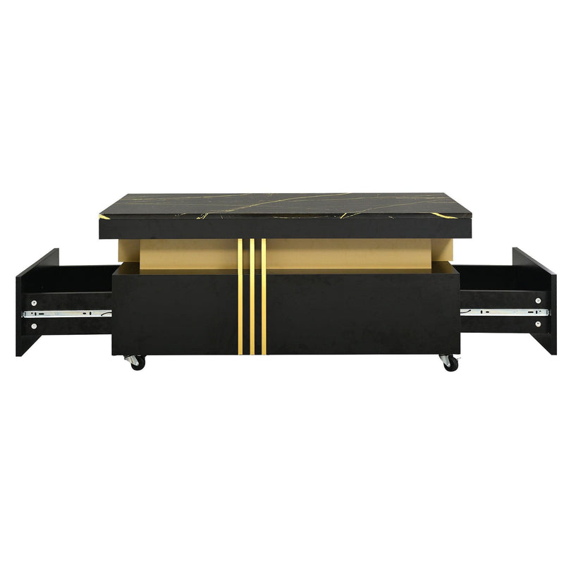 Supfirm Contemporary Coffee Table with Faux Marble Top, Rectangle Cocktail Table with Caster Wheels, Moderate Luxury Center Table with Gold Metal Bars for Living Room, Black - Supfirm