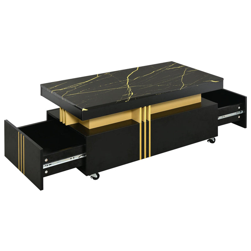 Supfirm Contemporary Coffee Table with Faux Marble Top, Rectangle Cocktail Table with Caster Wheels, Moderate Luxury Center Table with Gold Metal Bars for Living Room, Black - Supfirm