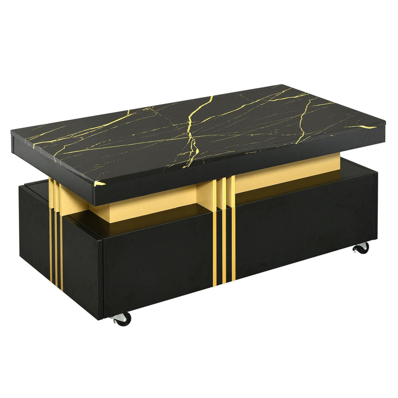 Supfirm Contemporary Coffee Table with Faux Marble Top, Rectangle Cocktail Table with Caster Wheels, Moderate Luxury Center Table with Gold Metal Bars for Living Room, Black - Supfirm