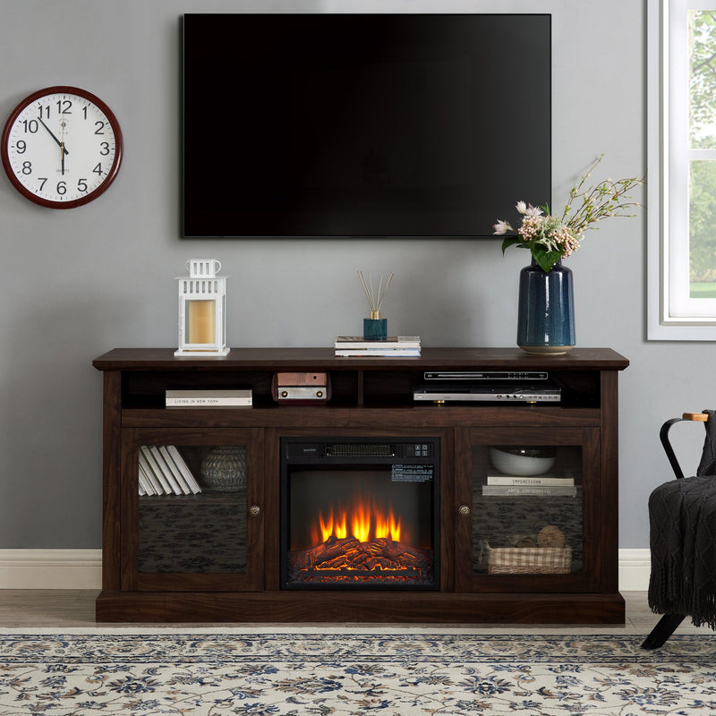 Contemporary TV Media Stand Modern Entertainment Console with 18" Fireplace Insert for TV Up to 65" with Open and Closed Storage Space, Brown, 60"W*15.75"D*29"H - Supfirm