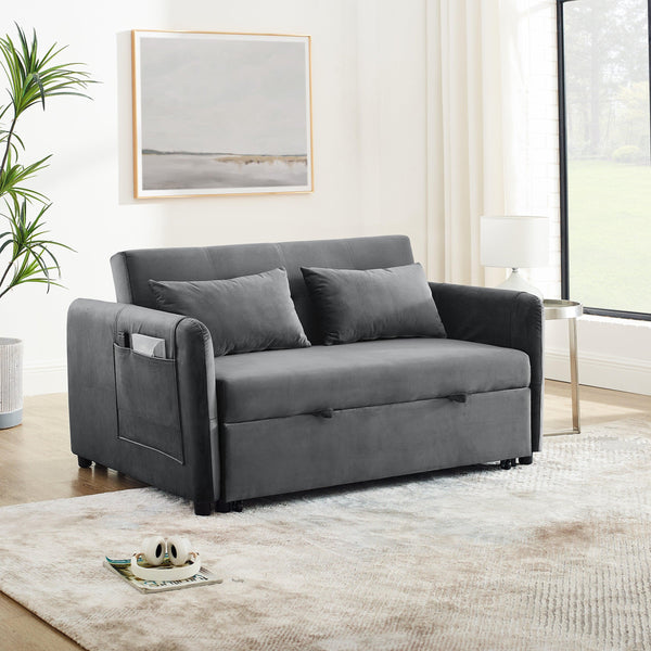 Convertible Sofa Bed, 3-in-1 Versatile Velvet Double Sofa with Pullout Bed, Seat with Adjustable Backrest, Lumbar Pillows, and Living Room Side Pockets, 54 Inch, Grey - Supfirm
