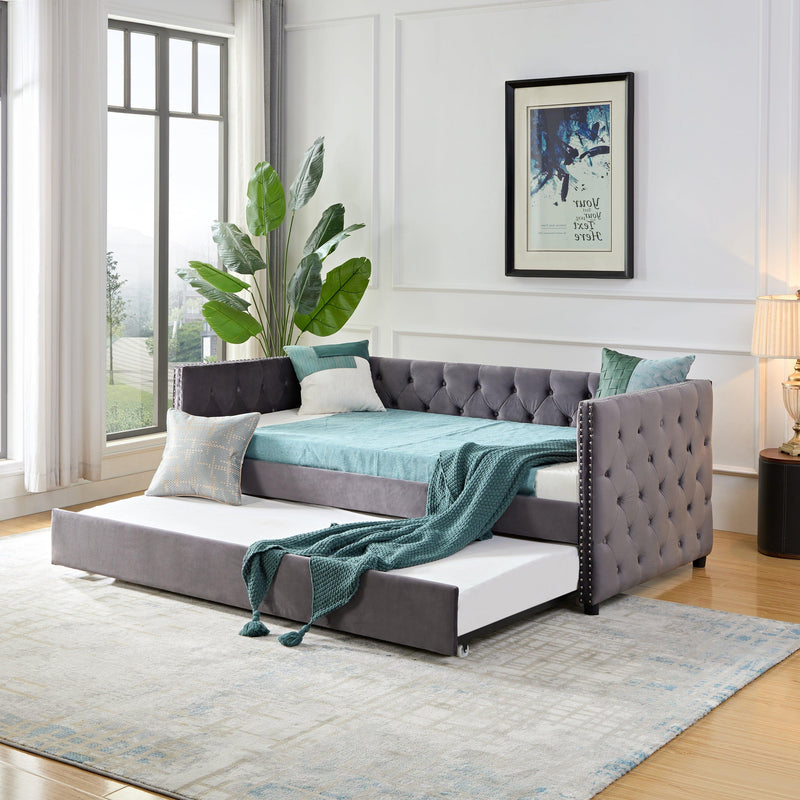 Daybed with Trundle Sofa Bed, upgraded velvet upholstered sofa bed, with Button and copper nail on square arms,bedroom living room furniture (Grey,Twin,83.47"x41.91"x30.71") - Supfirm