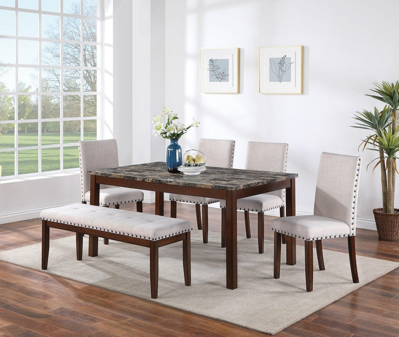 Dining Room Furniture Modern 6pcs Set Dining Table 4x Side Chairs and A Bench Beige Polyfiber Rubberwood Nailheads Faux Marble Top - Supfirm