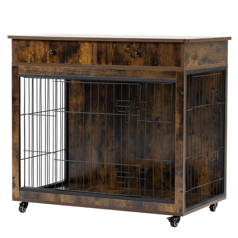 Dog Crate Furniture, Wooden Dog Crate End Table, 38.4 Inch Dog Kennel with 2 Drawers Storage, Heavy Duty Dog Crate, Decorative Pet Crate Dog Cage for Large Indoor Use (Rustic Brown) 38.4" L×23.2" W×35 - Supfirm