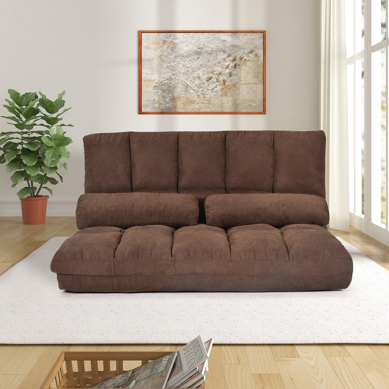 Supfirm Double Chaise Lounge Sofa Floor Couch and Sofa with Two Pillows (Brown) - Supfirm