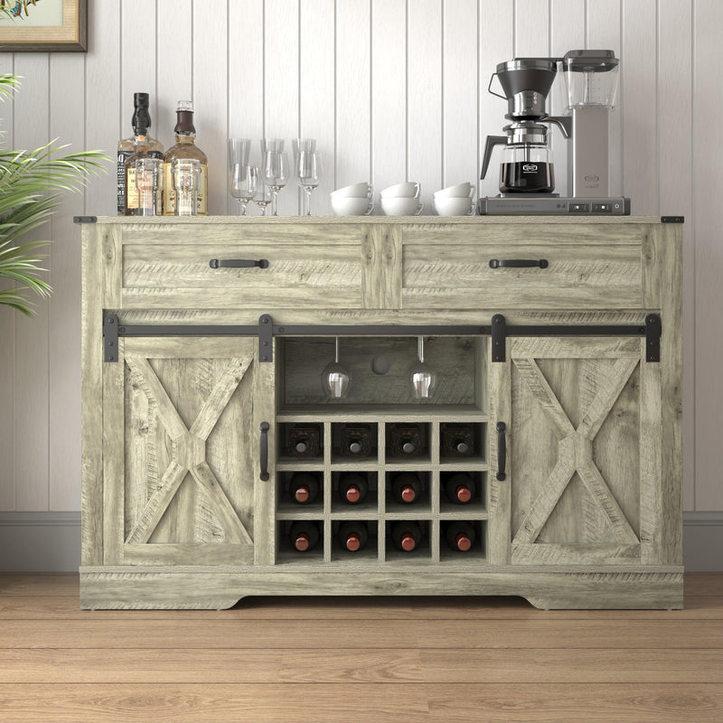 Farmhouse Storage Sideboard Buffet Coffee Bar Cabinet with Sliding Barn Door, 3 Drawers, Wine and Glass Rack - Light Gray - Supfirm