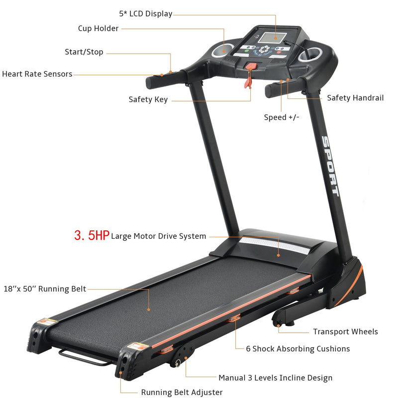 Supfirm Folding Electric 3.5HP Treadmill With Incline Medium Running Machine Motorised LCD Gym 330lbs； Folding Treadmill Electric Motorized Power 14.8KM/H Running Fitness Machine Gym - Supfirm