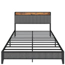 Full Size Bed Frame with Charging Station, Upholstered Headboard, Metal Platform, Grey, Common - Supfirm