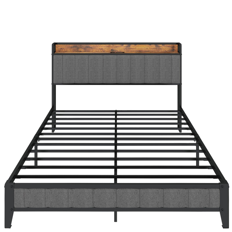 Full Size Bed Frame with Charging Station, Upholstered Headboard, Metal Platform, Grey, Common - Supfirm